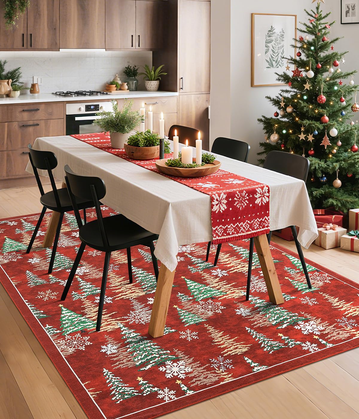 GarveeHome Red 8x10 Christmas Rug Living Room Rug Non Slip Washable Stain Resistant 8x10 Washable Rugs Christmas Tree Snow Print Low Pile Soft Holiday Decor Carpet for Bedroom Laundry Room GarveeHome