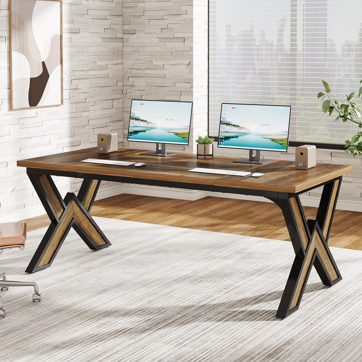Tribesigns 63 Inches Large Office Desk, Modern Executive Computer Desk with Thickened Frame and Board, Executive Office Desk Workstation Business Office Furniture, Rustic Brown & Black Tribesigns