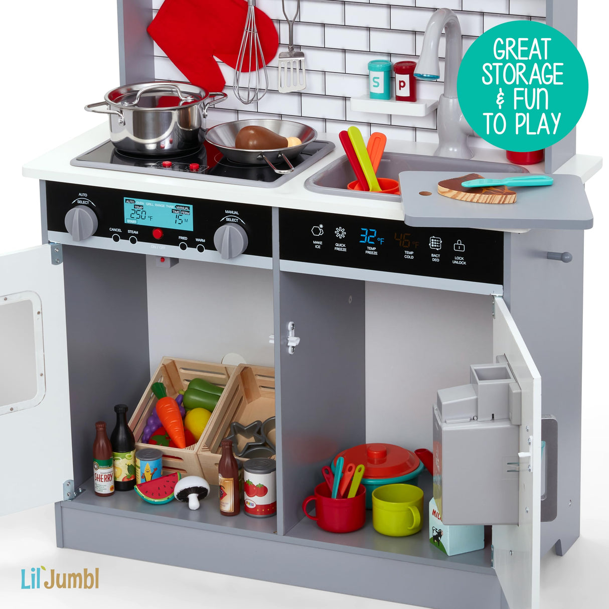 Lil' Jumbl Jumbl Kids Kitchen Set, Pretend Wooden Play Kitchen, Includes Range Hood, Microwave, Stove Top, Oven That Make Realistic Sound & Light, Pots, Pan, Cutting Board & Utensils Included, Lil' Jumbl