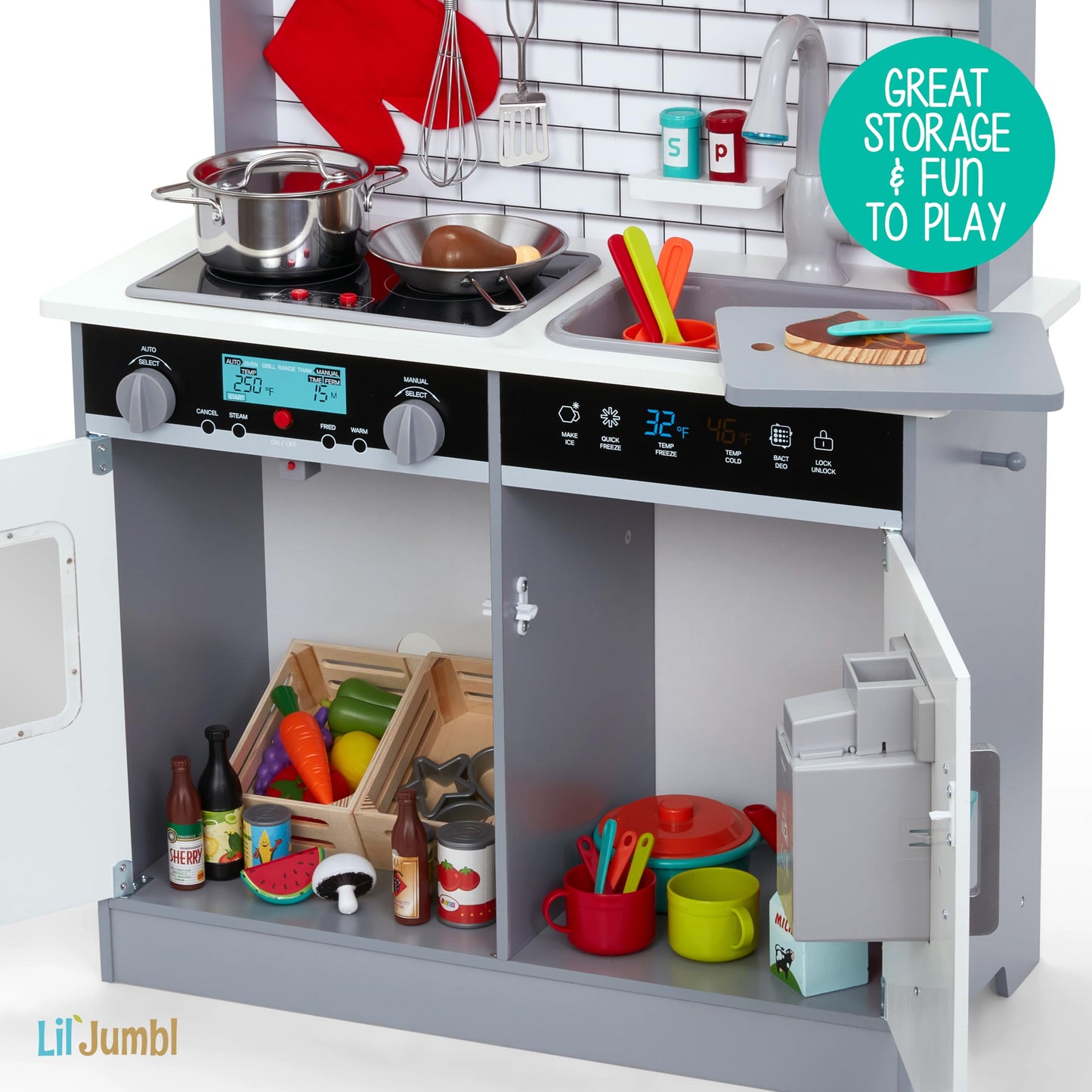 Lil' Jumbl Jumbl Kids Kitchen Set, Pretend Wooden Play Kitchen, Includes Range Hood, Microwave, Stove Top, Oven That Make Realistic Sound & Light, Pots, Pan, Cutting Board & Utensils Included - WoodArtSupply