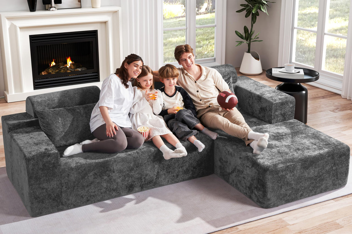 Homguava Modular Sectional Couches for Living Room,105" Cloud Couch with L-Shape Chaise,Comfy Sofa Living Room Couch with Deep Seat,No Assembly L Couch,Luxury Distressed Velvet(Grey,R) Homguava