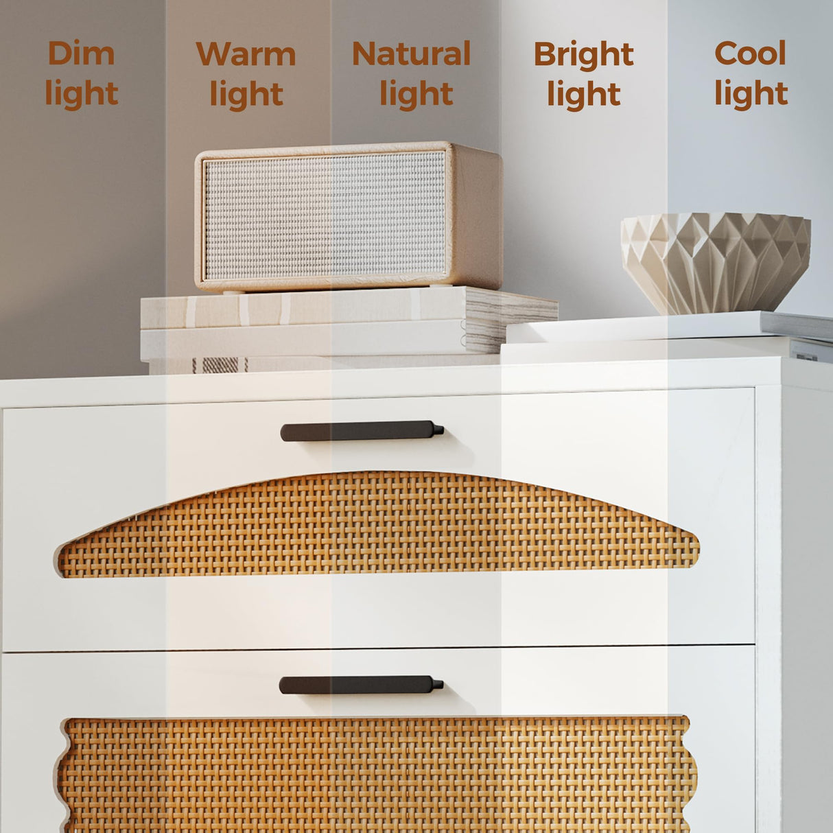 Mericonia 4 Drawer Rattan Dresser for Bedroom, Wood Tall Dresser for Closet with Metal Handles, Boho Nightstand Sets, Dressers & Chests of Drawers for Bedroom, Hallway and Entryway, White Mericonia