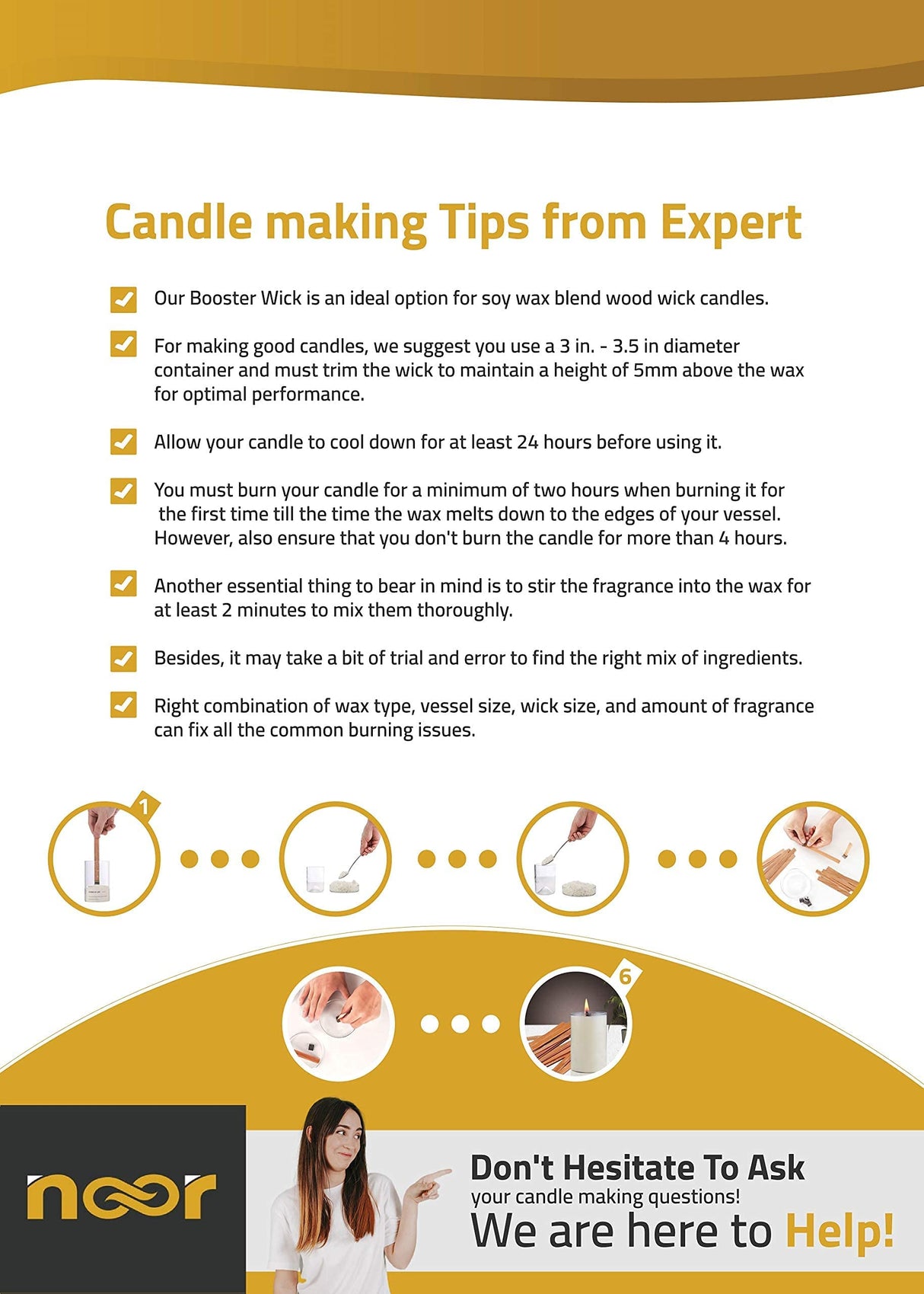 NOOR 50 Pieces Smokeless Wooden Wicks with Trimmer for Candle Making and 5.1 X 0.2 inch Booster - 5.1 X 0.5 inch Crackling Wood Wick for DIY Candles with 50pcs Metal Clips NOOR