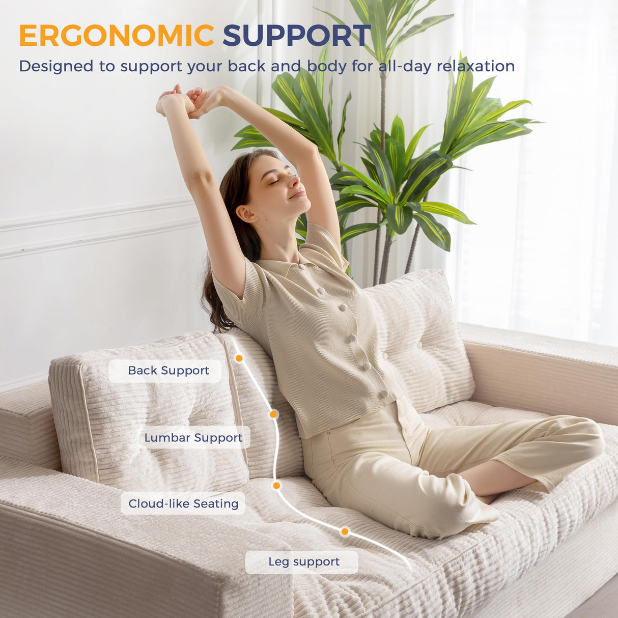 MAXYOYO 3 Seater Couch for Living Room, Boneless Couch with Tufted Cushion & Backrest, Upholstered Floor Sofa, Sofa in A Box, Beige MAXYOYO