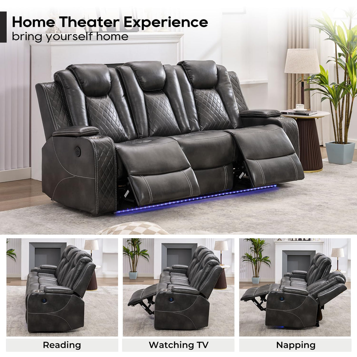 Power Reclining Sofa Couch with Wireless Charger, 3 Seaters with Recliner with Reading Light, Leather Electric 3 Seat Sofa Sectional Set for Living Room, Home Theater Seating with LED Lights, Grey Comfort Stretch