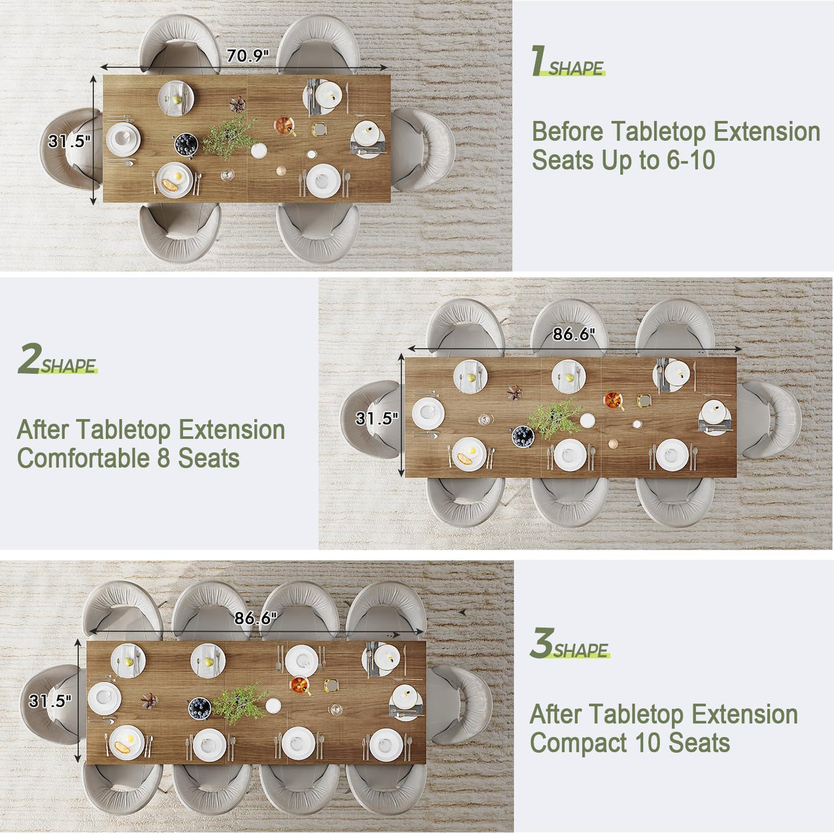 STHOUYN Farmhouse Rustic Extendable Dining Room Table for 8 10, 70.9" (86.6") x 31.5", Rectangular Dinner Table for 6-10, Mid Century Modern Expandable Retractable Wooden Kitchen Table (Brown) STHOUYN