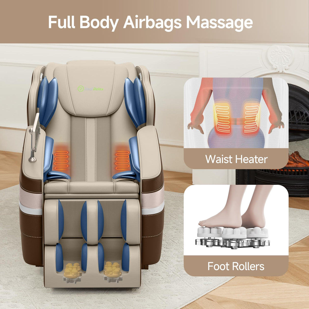 Real Relax Full Body Massage Chair, Zero Gravity Massage Recliner Chair with 6 Auto Modes, Full Body Airbags, Bluetooth, Fit Office and Home, Brown Real Relax