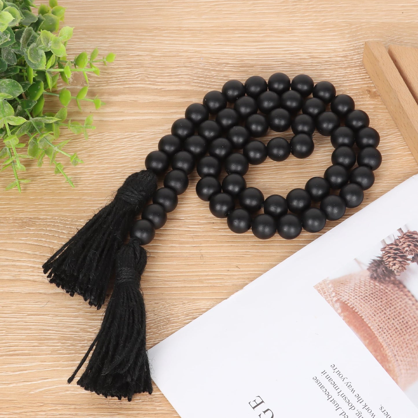 RAMIRABI Wood Beads Garland with Tassels Farmhouse Beads Rustic Prayer Beads Boho Beads for Boho Home Decor,Wall Hanging Decoration (Black)