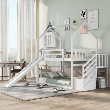 RuiSiSi Twin Over Twin Solid Wood Bunk Bed with Slide and Storage Staircase, White - WoodArtSupply