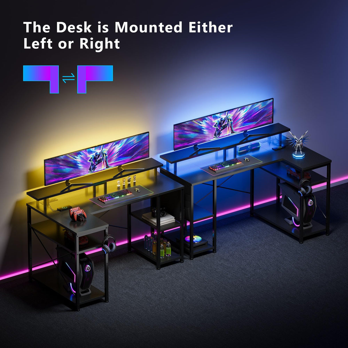 Maihail 51 inch L Shaped Desk with LED Lights & Power Outlets, Reversible Gaming Desk with Shelves & Monitor Stand, Computer Desk with Storage Side Bag，Corner Desk for for Bedroom Gaming Room, Black. Maihail