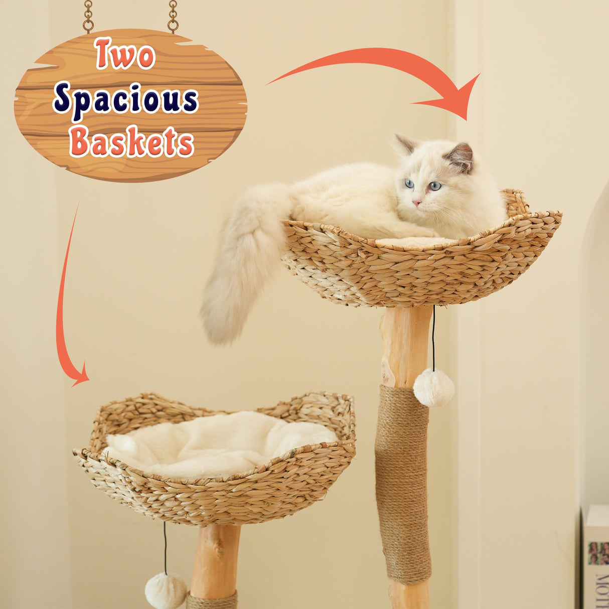 KONELCARE Natural Wood Cat Tree- Modern Cat Tower for Large Cat, 2 Baskets KONELCARE