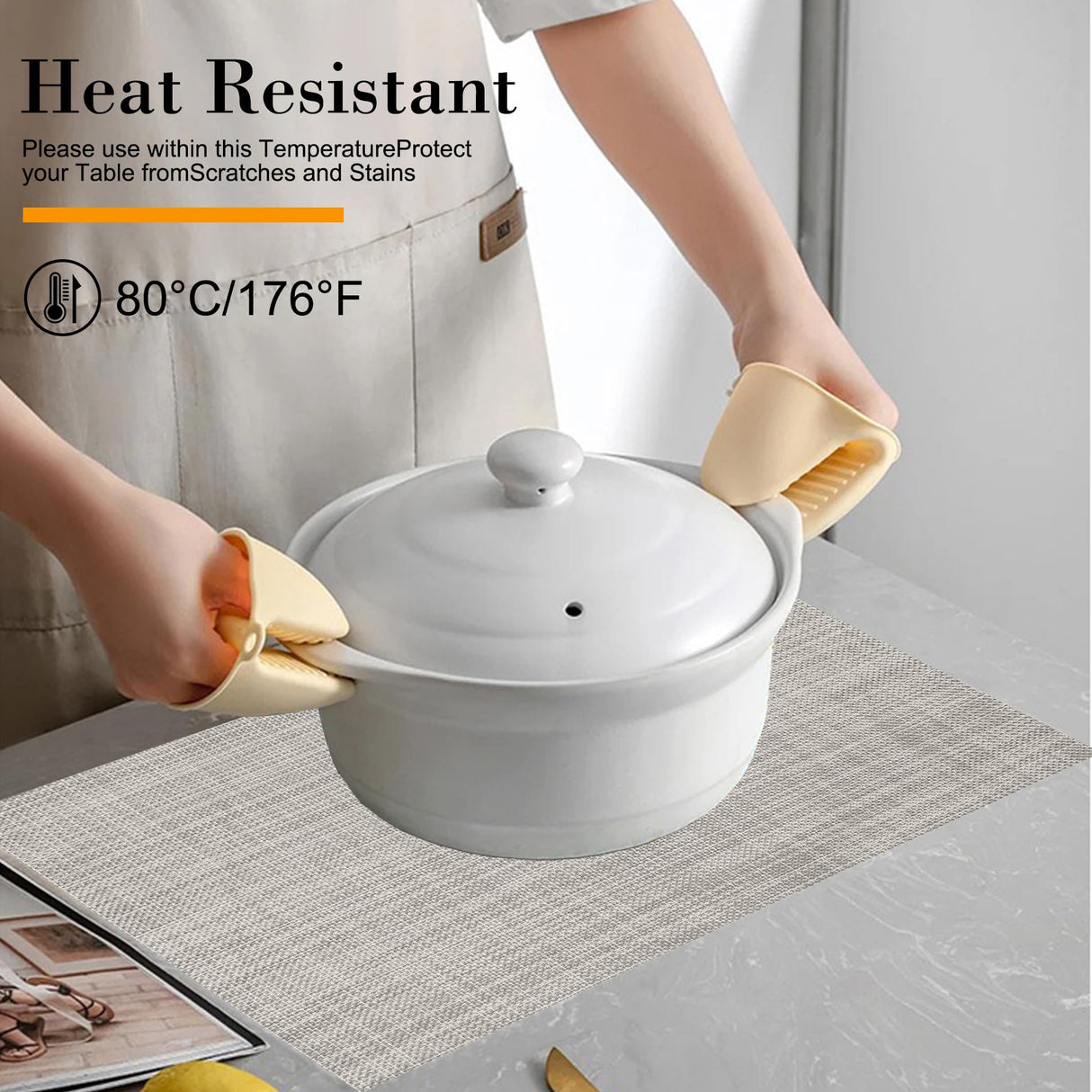 CADONO Placemats Set of 4 Washable Indoor/Outdoor Vinyl Place Mats for Dining Table Durable Non-Slip Heat Resistant PVC Weave Table Mats（Beige） CADONO