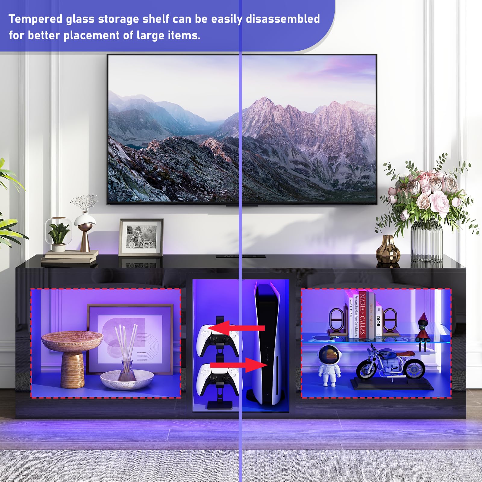 chartustriable LED TV Stands W/Power Outlet for 50 55 60 65Inch TV,Black Entertainment Center W/70000-Colors Lights,High Gloss LED TV Console w/Adjustable Glass Shelves for Living Room Gamero - WoodArtSupply