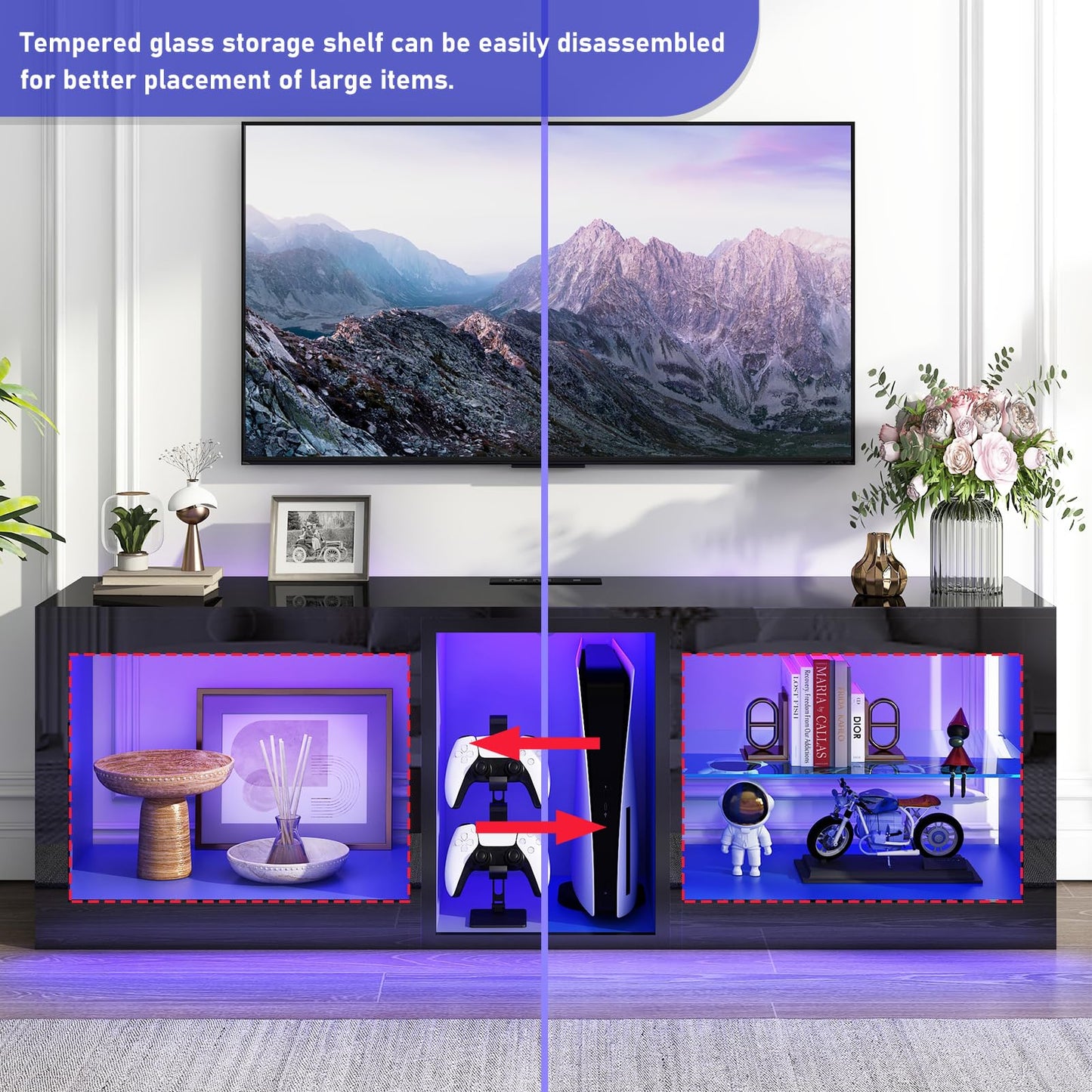 chartustriable LED TV Stands W/Power Outlet for 50 55 60 65 70Inch TV,Black Entertainment Center W/70000-Colors Lights,High Gloss LED TV Console w/Adjustable Glass Shelves for Living Room Gam - WoodArtSupply