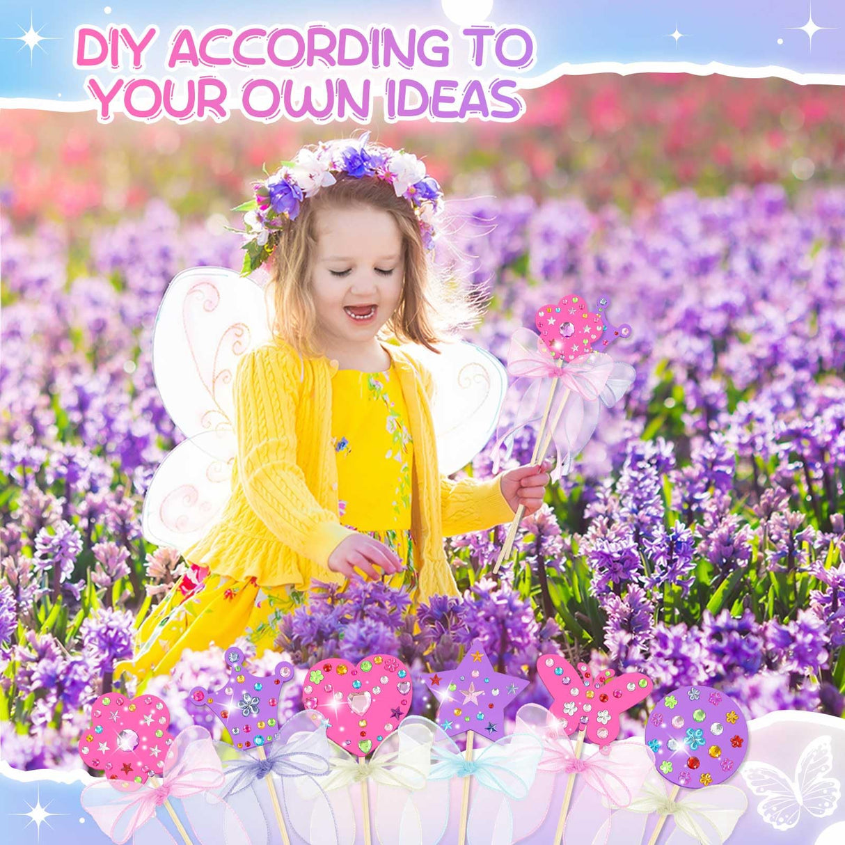 Juexica 20 Pcs Princess Fairy Wands Kit Include 6 Styles Unfinished Wooden Princess Accessories, 4 Pcs Gem Stickers, 4 Rolls Ribbons Make Your Own Fairy Wands for Kids Birthday Party (Pink, Purple) Juexica