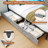 DICTAC Twin Size Corner Bed Frame with 2 Storage Drawers and Led Lights Metal Platform Bed Frame with Charging Station Modern Twin Daybed Frame for Living Room, Bedroom and Guest Room, Black&Gray DICTAC