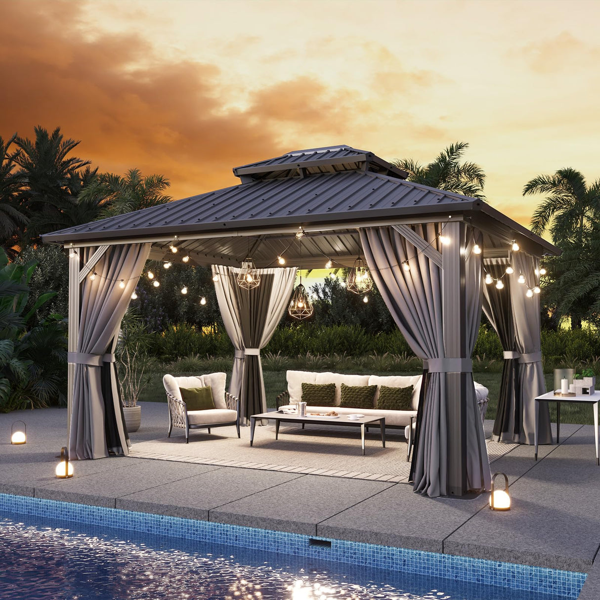 Aoxun 12'x14' Hardtop Gazebo, Aluminum Frame Canopy with Double Galvanized Steel Roof, Outdoor Metal Pavilion with Netting, Curtains for Backyard, Patio and Deck Aoxun