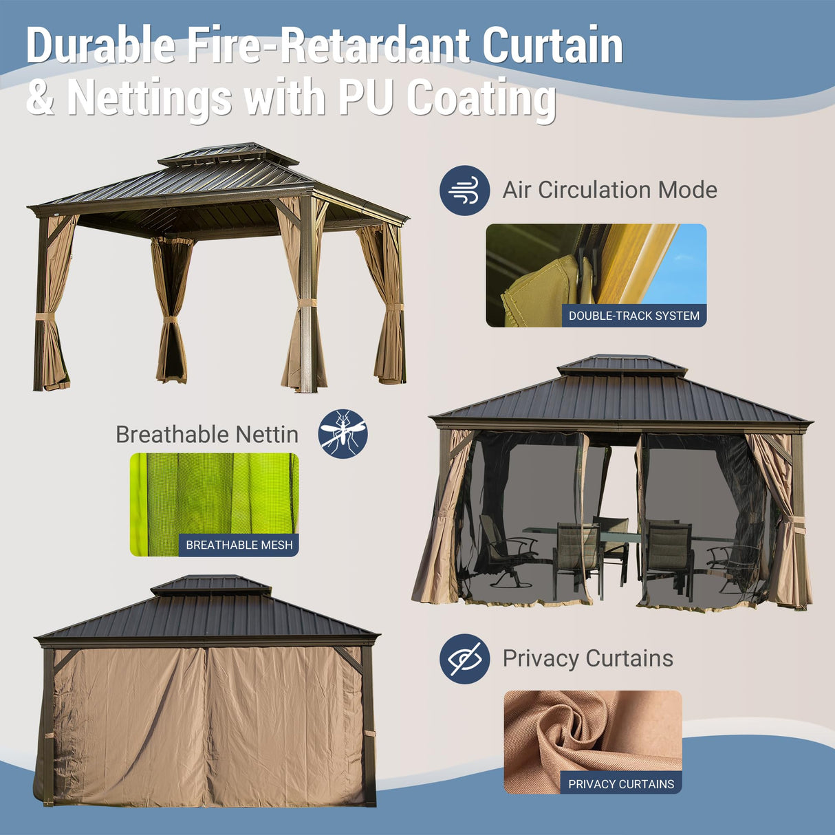 10' x 12' Hardtop Gazebo Outdoor Aluminum Gazebos Grill with Galvanized Steel Double Canopy for Patios Deck Backyard,Curtains&Netting by domi outdoor living domi outdoor living