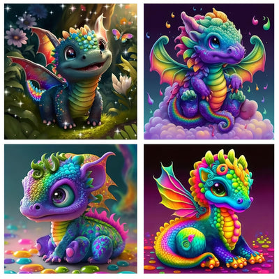 4 Pack Cute Dragon DIY Diamond Painting Kits for Adults,5D Full Round Diamond Mosaic Emboridery,Fantasy Animal Diamond Art Kits,Diamond dots,Home Decor Wall Art,11.81X11.81 inch