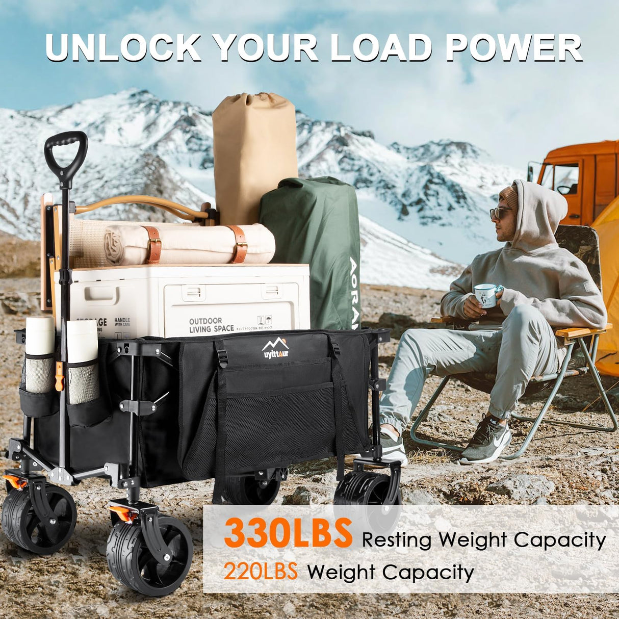 Uyittour Collapsible Folding Wagon Cart Heavy Duty Foldable, Beach Wagon with Big Wheels for Sand, Utility Grocery Wagon with Side Pocket and Brakes for Camping Sports Outdoor Activities, Black Uyittour