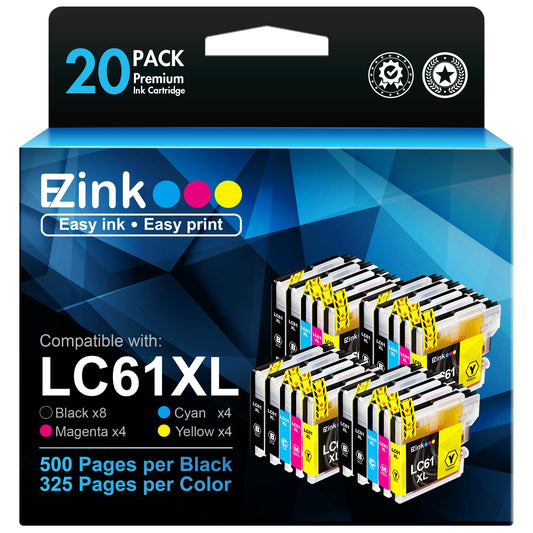 E-Z Ink Compatible Ink Cartridge Replacement for Brother LC61 LC-61 LC65 XL to use with MFC-J615W MFC-5895CW MFC-290C MFC-5490CN MFC-790CW MFC-J630W (8 Black, 4 Cyan, 4 Magenta, 4 Yellow) 20 Pack