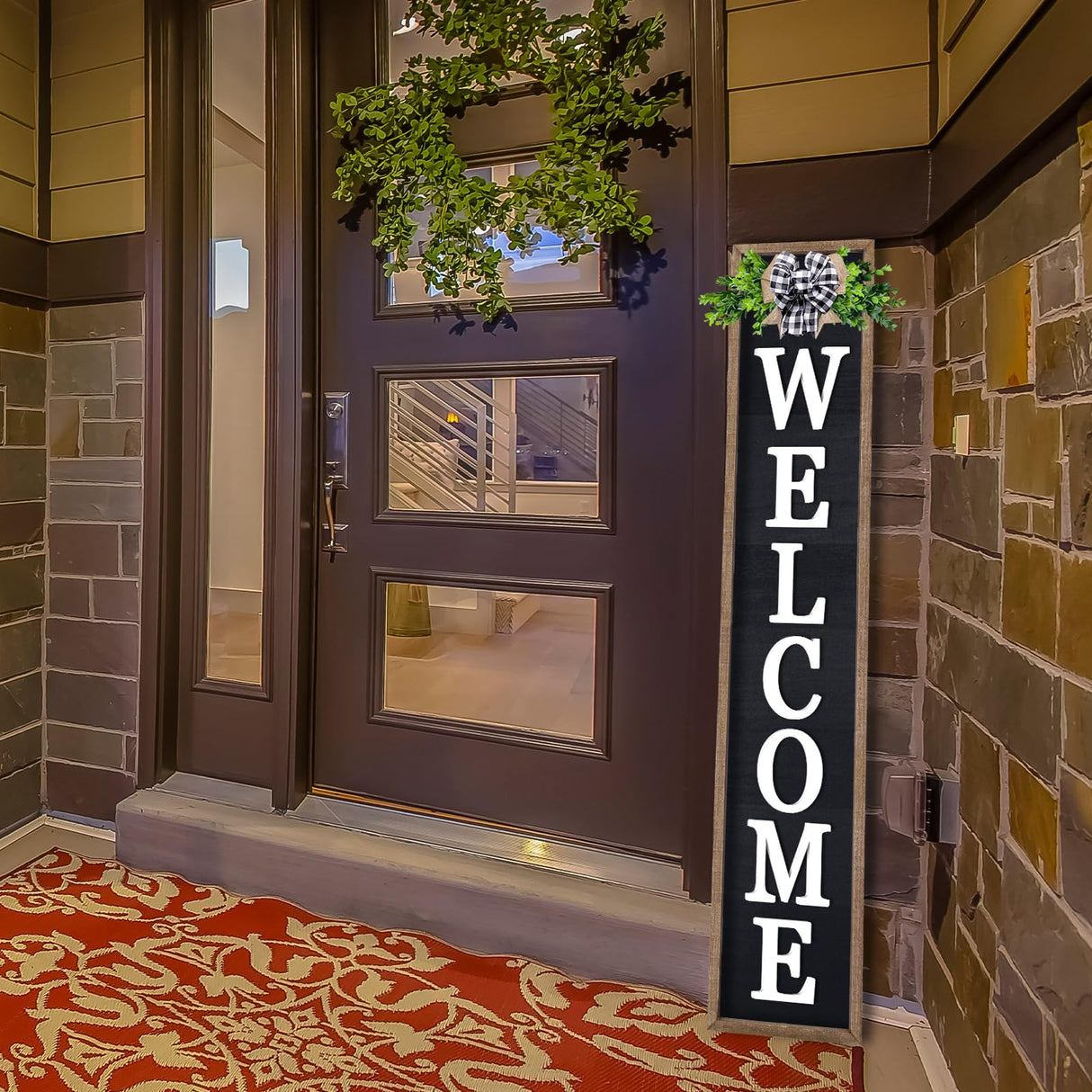 3D Outdoor Welcome Sign for Front Porch Standing 45"X9" Large Rustic Farmhouse Leaner Tall Vertical Soild Wooden Framed Plaque Modren Beautiful Outside Home Front Door Decorations (Wood Black) Foutcheou