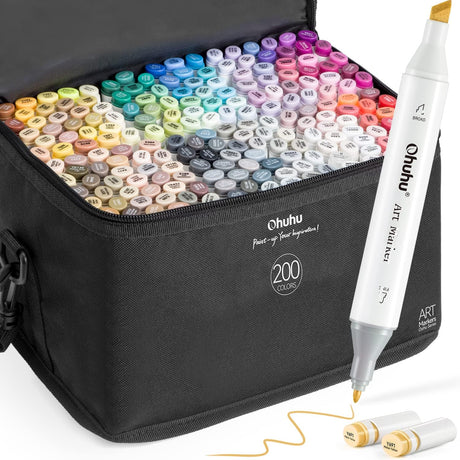 Ohuhu Alcohol Markers 200 Colors - Double Tipped Art Drawing Marker Set for Artists Adults Coloring Sketch Illustration - Chisel & Fine Dual Tip - Oahu of Ohuhu Markers - Alcohol-based Refillable Ink Ohuhu