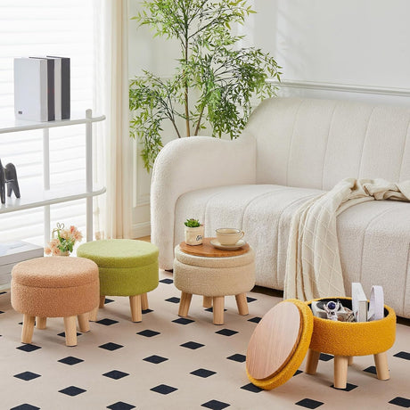 Wimarsbon Storage Ottoman, Modern Round Footrest with Soft Padded Seat, Teddy Velvet Footstool with Wood Legs, Accent Small Table or Plant Stand for Hallway, Living Room (Champagne) Wimarsbon
