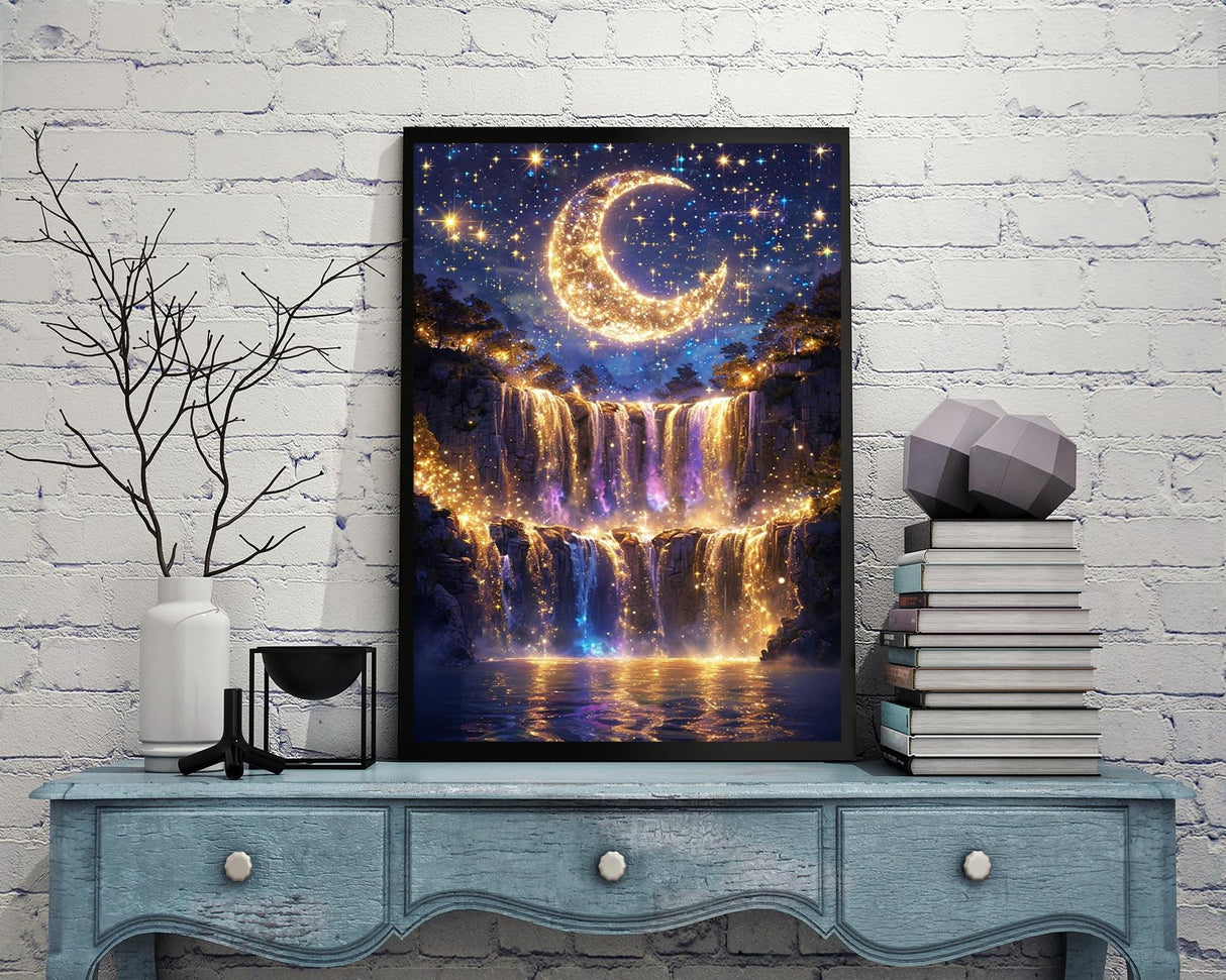 KINPLUB 5D Diamond Painting Kits for Adults Beginners, Moonlight Waterfall Diamond Art Kits for Adults, DIY Full Drill Round Moon Landscape Diamond Dots, Home Wall Decor 12x16 Inch KINPLUB