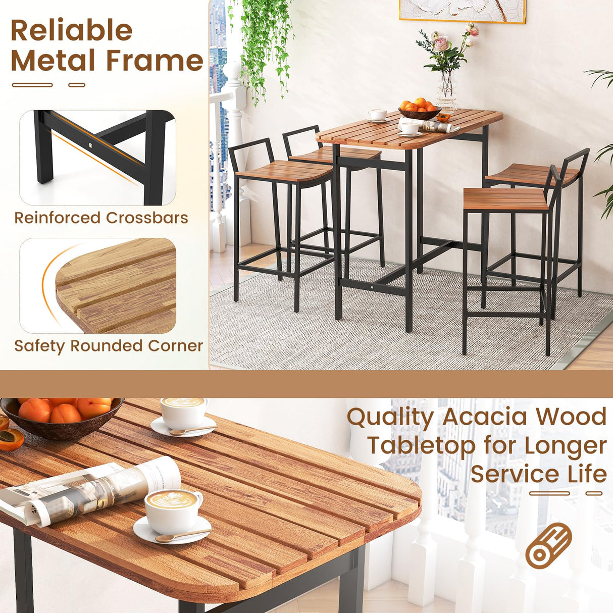 HAPPYGRILL 5-Piece Acacia Wood Outdoor Bar Set with Metal Frame & Footrest HAPPYGRILL