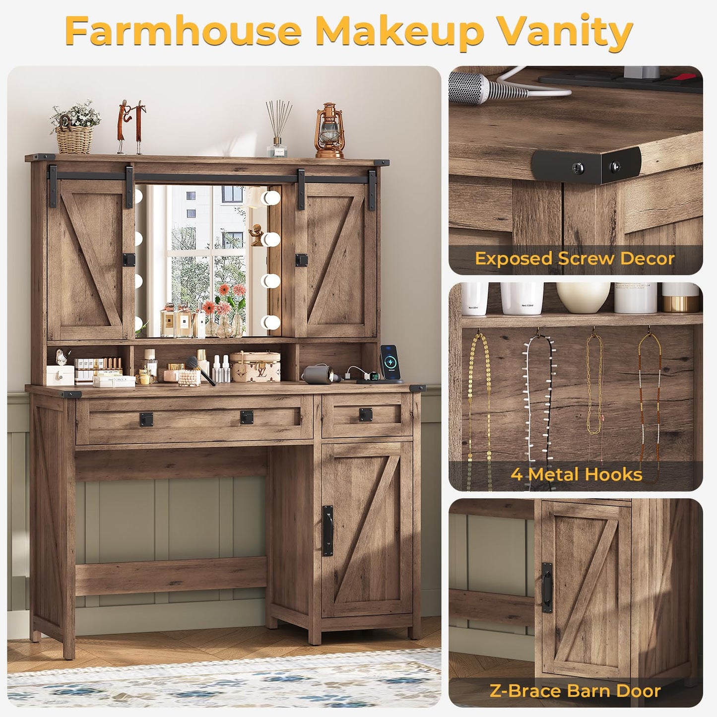 Farmhouse Vanity Desk with Mirror and Lights, 41" Sliding Door Makeup Vanity with Charging Station, Large Vanity Table with Drawers/Shelves/Cabinet Storage, Rustic Oak