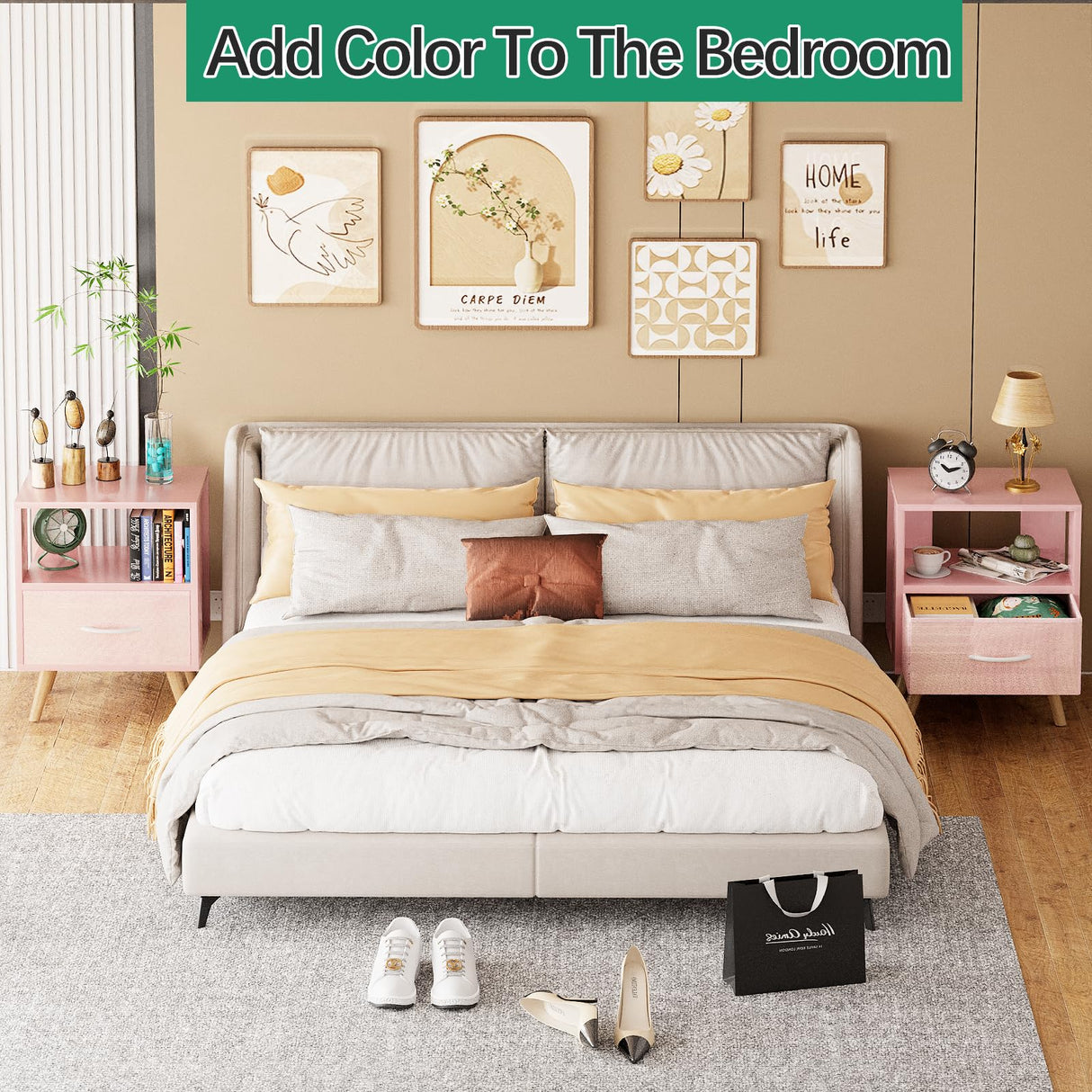 Aenuert Night Stand, Pink Kids Nightstand with Drawer, Nursery Side Table with Open Storage, 2-Tier Modern End Table, Bedside Table for Small Space, Living Room, Bedroom Aenuert