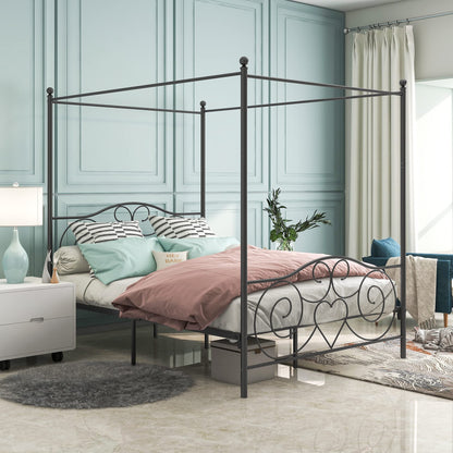 SYING88 Metal Canopy Bed Frame with Ornate European Style Headboard & Footboard Four-Poster Canopied Platform Bed/Sturdy Steel H/Under-Bed Storage Space/No Box Spring Needed/Easy Assembly/Black