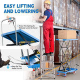 Hydraulic Lift Table Cart, Double Scissor Lift, 330 Lbs Capacity, 50" Height with Non-Slip Pad, 4 Safety Bumper PU Wheels, Ideal for Home, Garage, Supermarket, Factory, Warehouse, Construction Sturdon