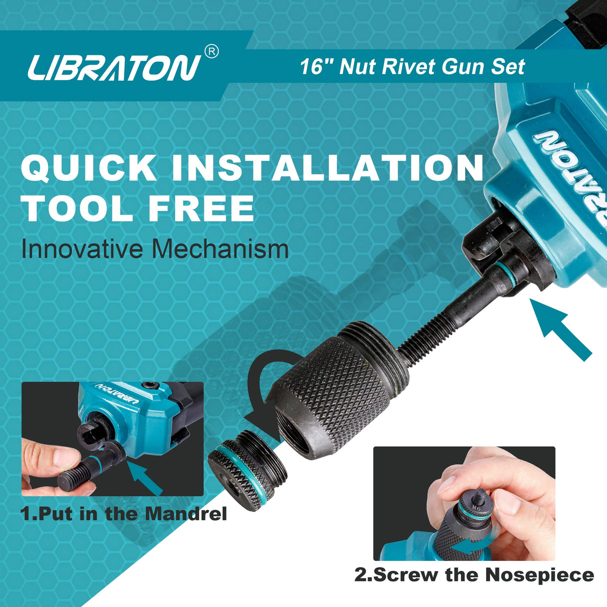 LIBRATON 16" Rivet Nut Tool, Rivet Nut Gun, Hand Rivet Nut Setter with 110PCS Rivet Nuts, 11PCS Metric & SAE Interchangeable Mandrels and Carrying Case, Easy Replace LIBRATON