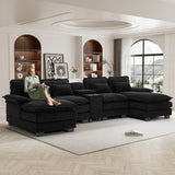 U Shaped Cloud Couch Sectional Sofa, 124" Comfy Fluffy Chenille Cloud Black Sectional Couches for Living Room with Double Chaise Lounge, Modern Modular Sofa with Central Console & USB Port ONEMMLION