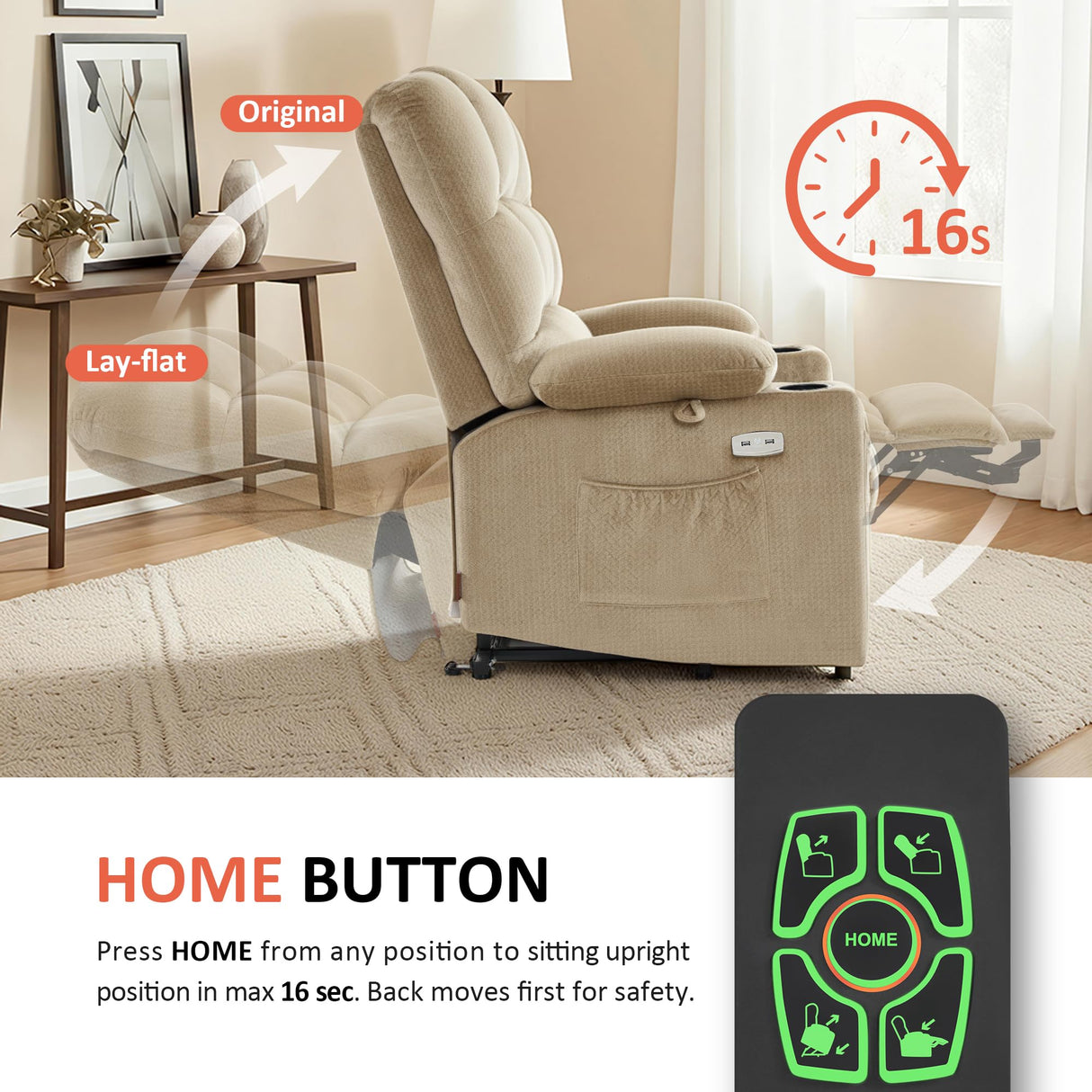 MCombo Large Dual Motor Power Lift Recliner Chair for Elderly, Massage and Heat, Lay Flat, Zero Gravity, Home Button, USB Port, Fabric 7680 (Large, Beige) MCombo