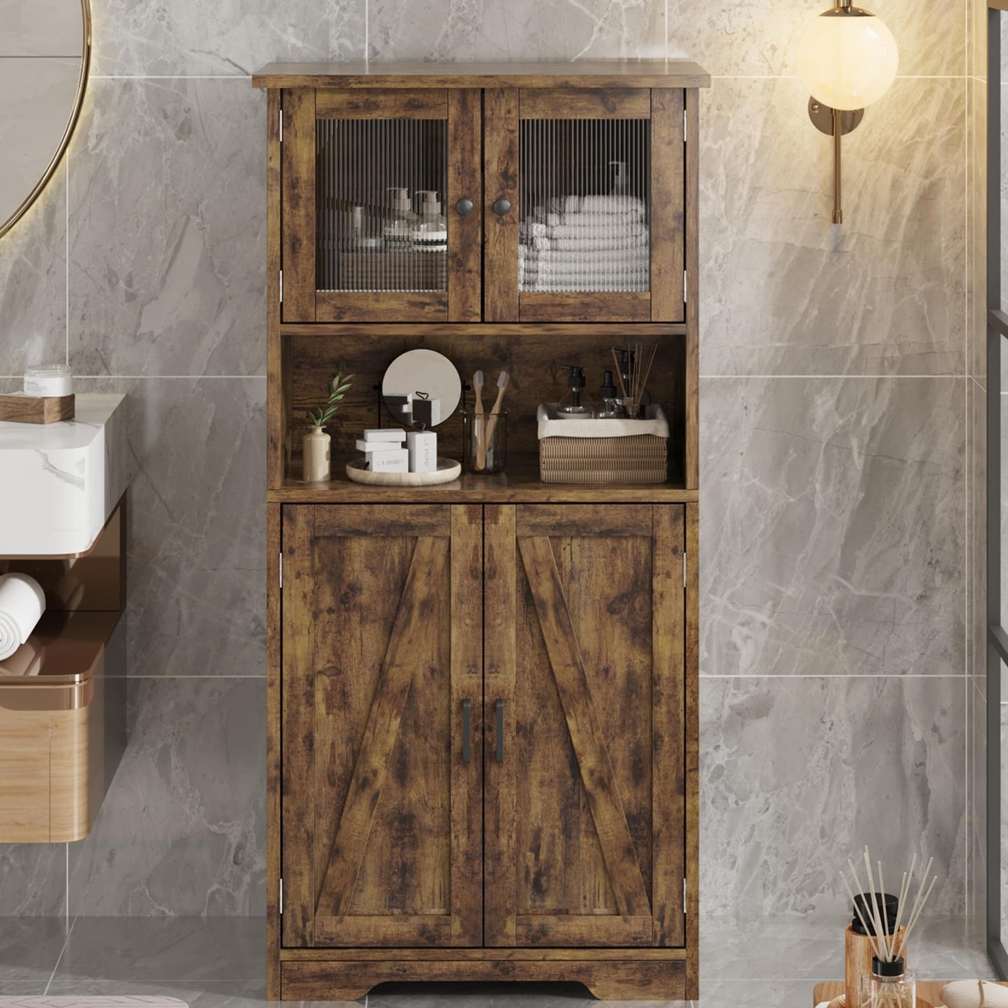 IDEALHOUSE Bathroom Storage Cabinet, Freestanding Floor Linen Storage Cabinet with Doors and Shelves, Wooden Kitchen Pantry Storage Cabinet, Cupboard, Storage Cabinet for Living Room,Rustic Brown