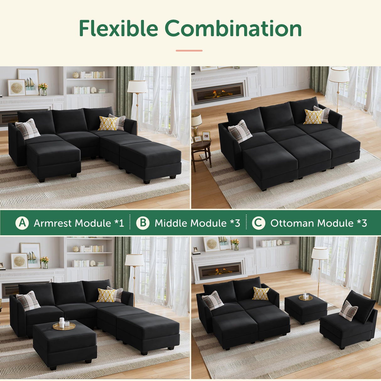 HONBAY Modular Sofa Sectional Sleeper Couch with Ottoman Velvet 6 Seater Sofa with Storage Seat Convertible Sectional Sofa Couch Set for Living Room, Black HONBAY