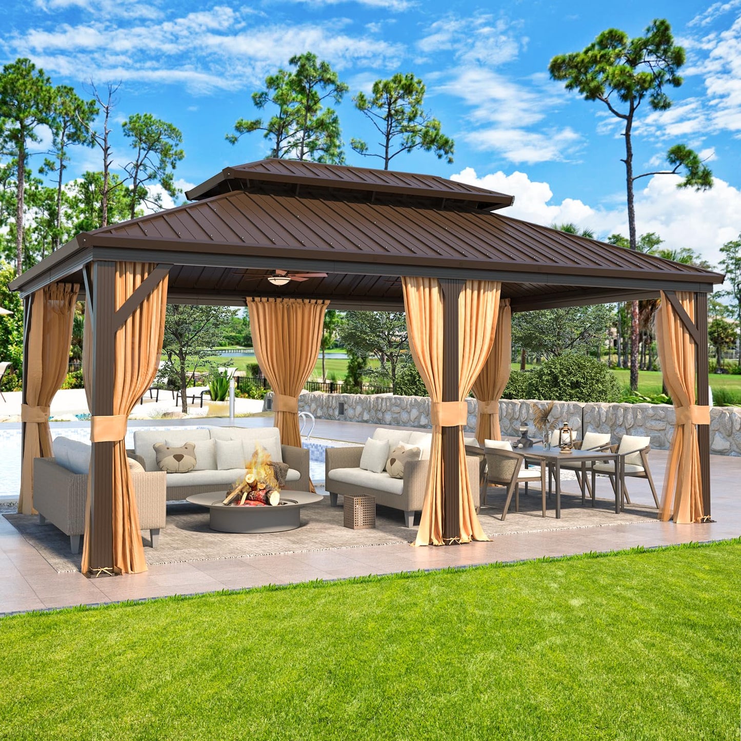 YOLENY 12' x 18' Hardtop Gazebo, Metal Gazebo with Aluminum Frame, Double Galvanized Steel Roof, Curtains and Netting Included, Metal Gazebos Pergolas for Patios, Garden, Parties, Lawns