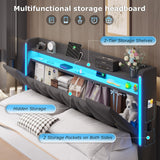 BYSAUD King Size Bed Frame with LED Lights & Charging Station, LED King Bed with Hidden Space and 2-Tier Shelves, Upholstered Metal Bed Frame with Headboard, No Box Spring Needed, Dark Gray, Linen BYSAUD