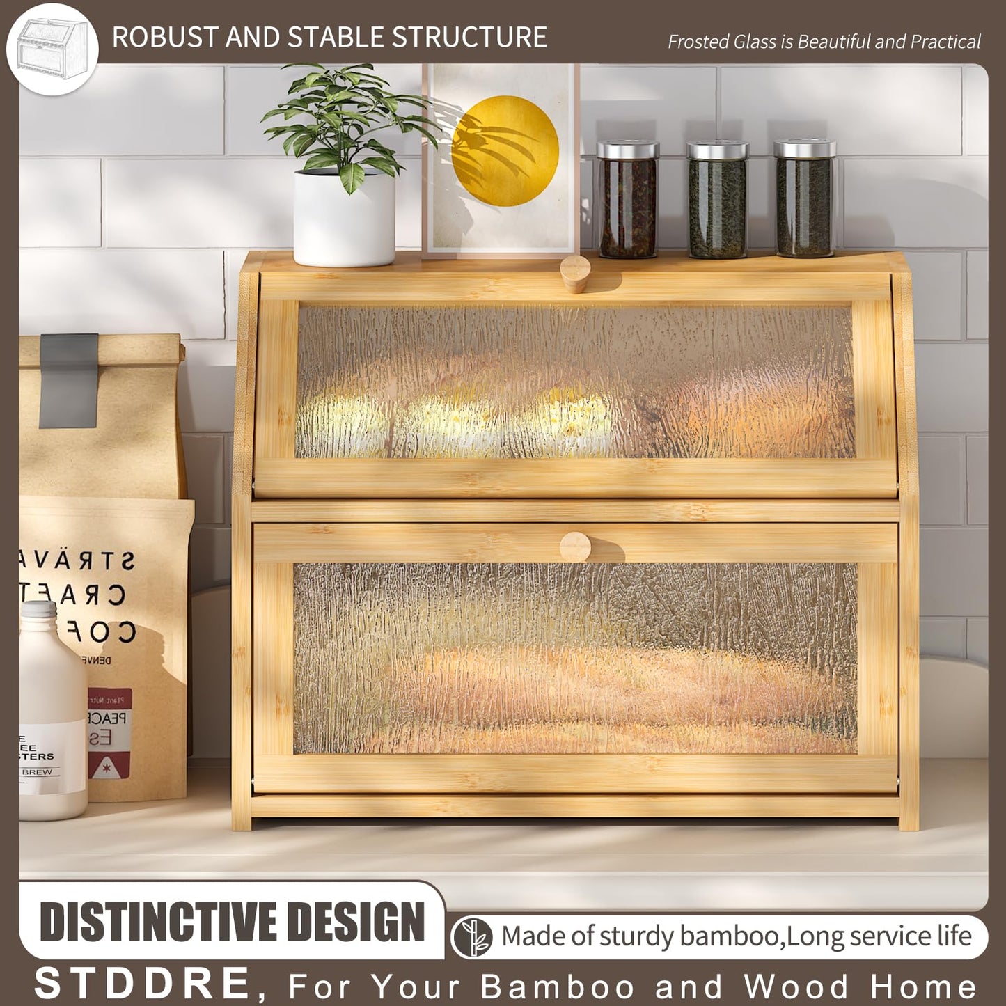 STDDRE Bread Box for Kitchen Countertop Double Layer Bread Box Storage Extra Large Farmhouse Bread Box with Tree Pattern Window(Bamboo Natural) - WoodArtSupply