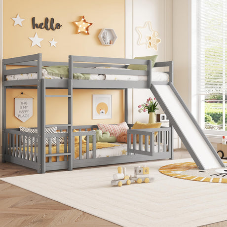 OYUMOENTS Twin Over Twin Bunk Bed with Slide, Low Bunk Bed Frame with Detachable Rails, Convertible Kids Bed with Slide and Ladder for Kids Boys Girls, Gray OYUMOENTS