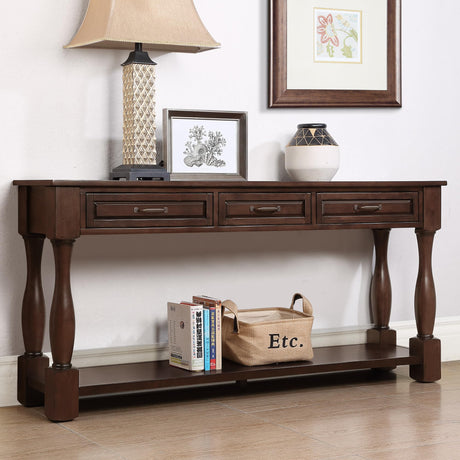 L“KeKe 63inch Solid Wood Console Table with 3 Drawers and 1 Bottom Shelf Extra-Thick Sofa Table(Light Espresso) L“KeKe