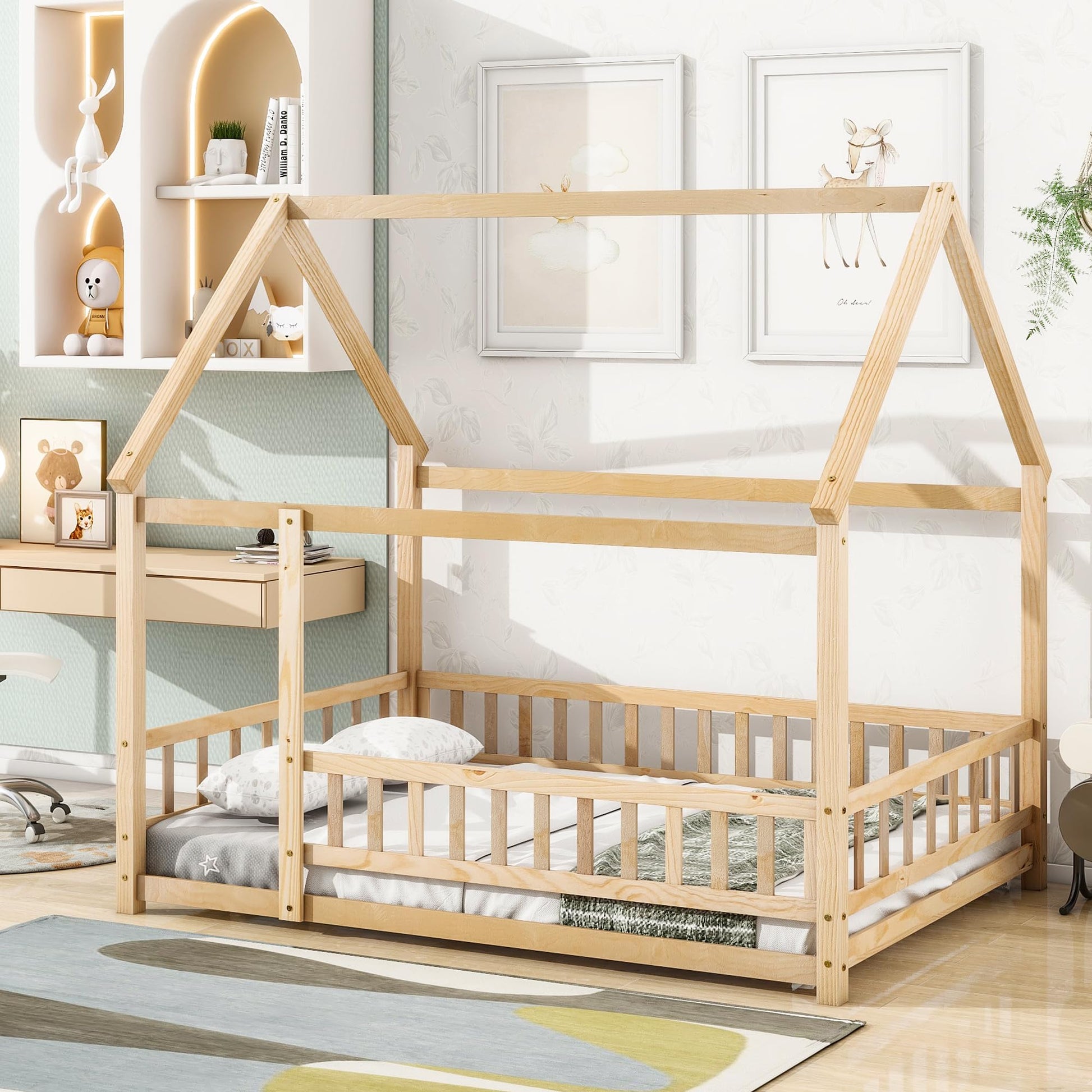 Brafab Natural Montessori Floor Bed with House Roof and Safety Guardrails for Kids - WoodArtSupply