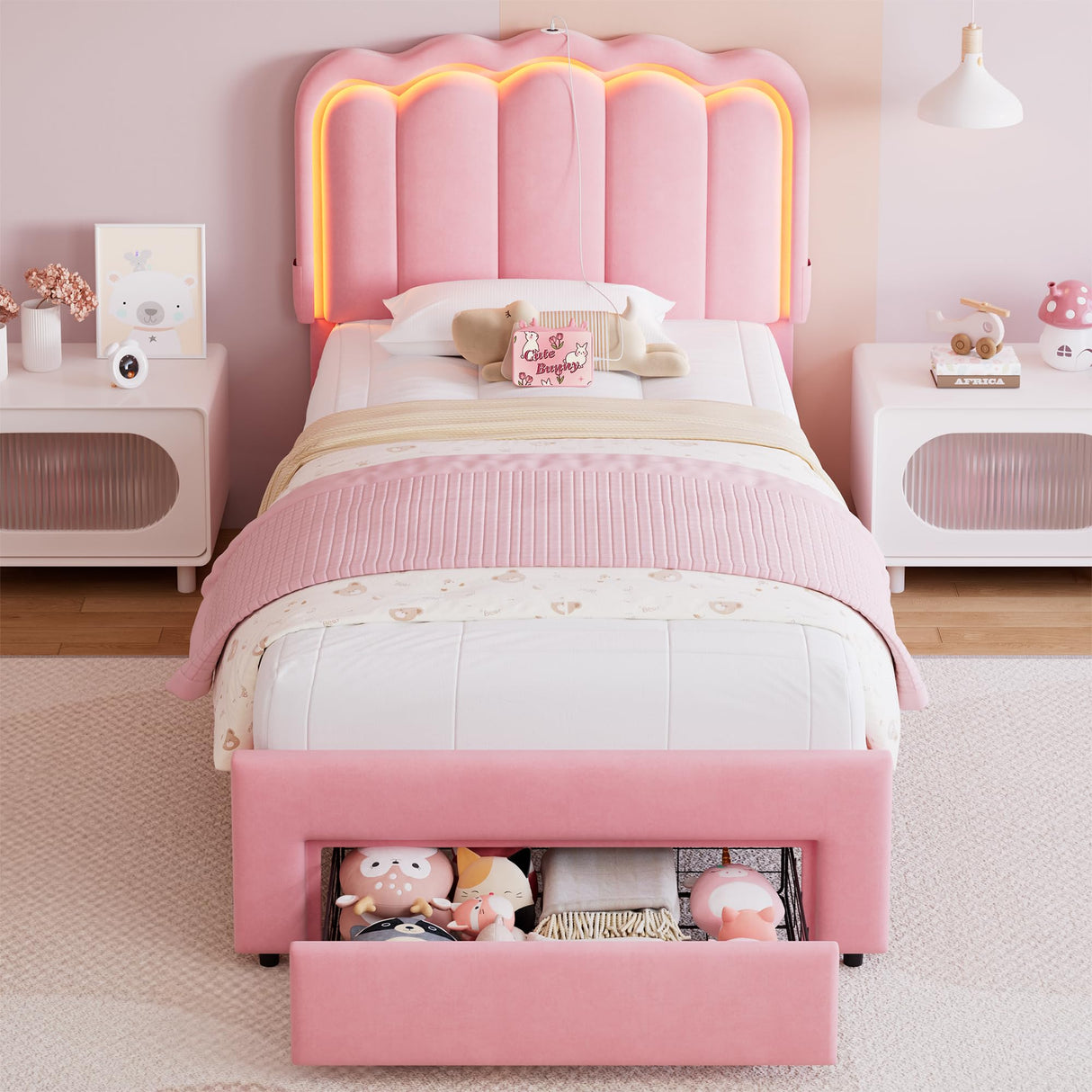 Twin Upholstered LED Bed Frame with Storage Drawer and Adjustable Chic Double Wavy Headboard, Velvet Princess Platform Bed for Girls/Kids, Solid Wood Slats Support, No Box Spring Needed, Pink Jocoevol