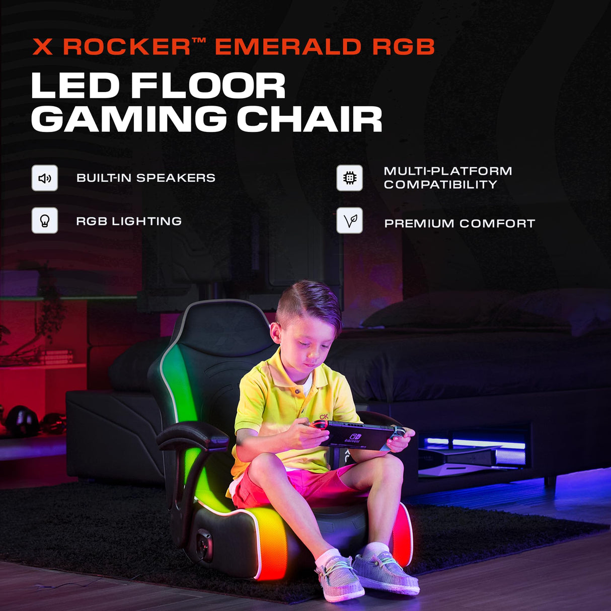 X Rocker Emerald RGB LED Youth Floor Rocking Video Gaming Chair with Headrest Speakers, Armrests, Foldable, Vegan Leather, 200 lbs Max, Amazon Exclusive, Black X Rocker