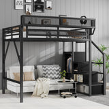 Mirightone Full Size Loft Bed with Stairs and Storage, Metal Loft Bed Frame with Bedside Shelf and Large Under-Bed Space, Heavy-Duty Loft Beds for Adults Teens and Kids, Black Mirightone