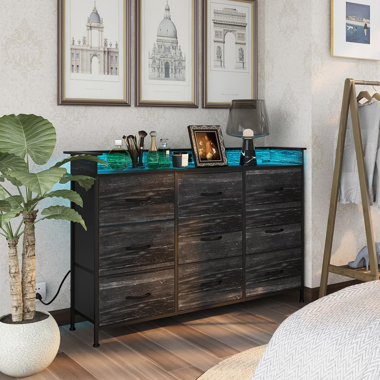 EXOTICA Black Dresser with Charging Station 9 Drawers Dresser with LED Light and USB Ports Fabric Dresser for Bedroom Hallway Entryway Closets Sturdy Steel Frame Wood Top EXOTICA