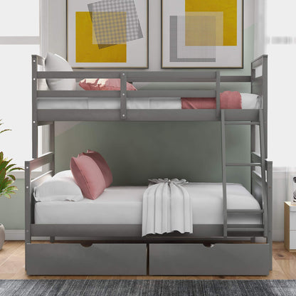 Merax Grey Twin Over Full Bunk Bed with Storage Drawers, Ladder and Guardrail, Convertible Design - WoodArtSupply